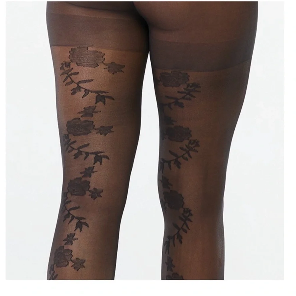 2pk‎ Fun and feminine black floral vine and red Opaque Tights size small new